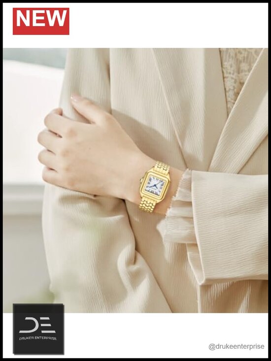 Square Gold Quartz Wrist Watch with Roman Dial Stainless Steel Band
